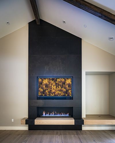 Patinated Steel Fireplace & White Oak Hearth photo 2