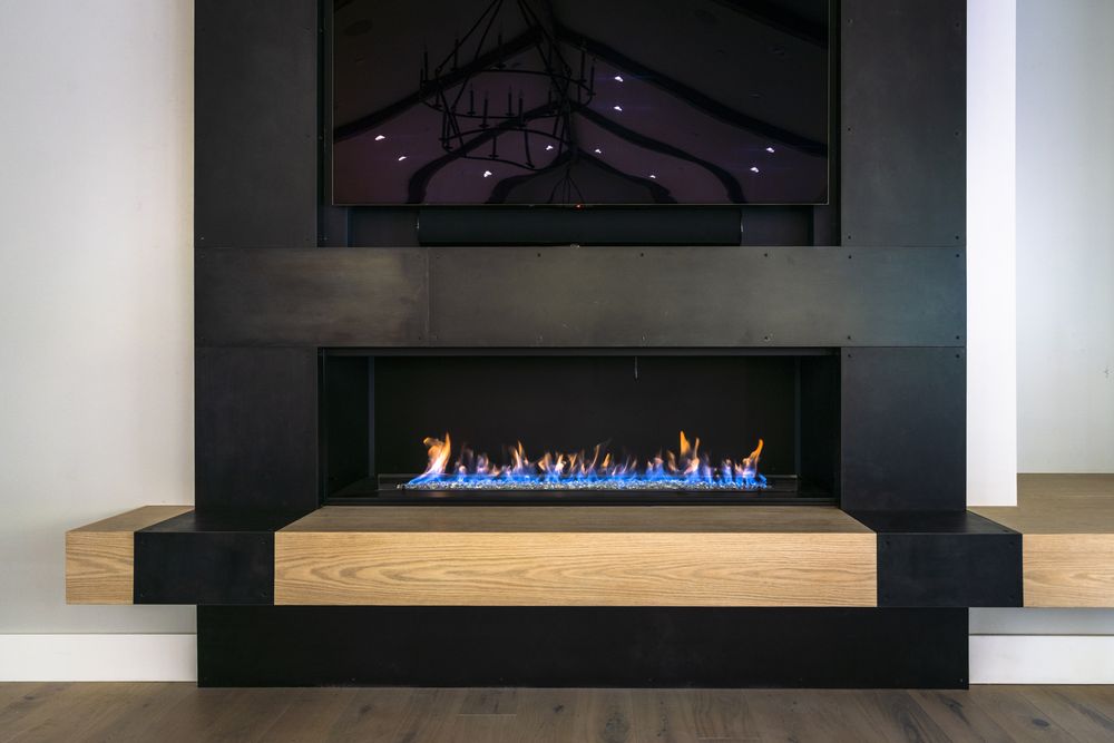 Patinated Steel Fireplace & White Oak Hearth