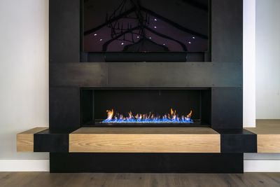 Patinated Steel Fireplace & White Oak Hearth photo 1